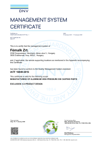 FémAlk Zrt 2021 Certificate DV IATF 16949